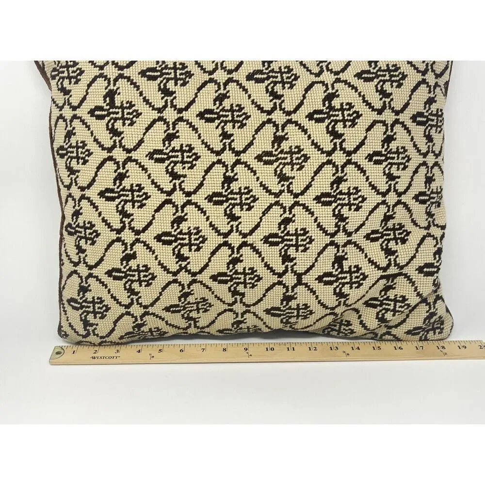 Vintage Fleur de Lis Needlepoint Pillow Brown Cream 15” x 19” Velvet Back
